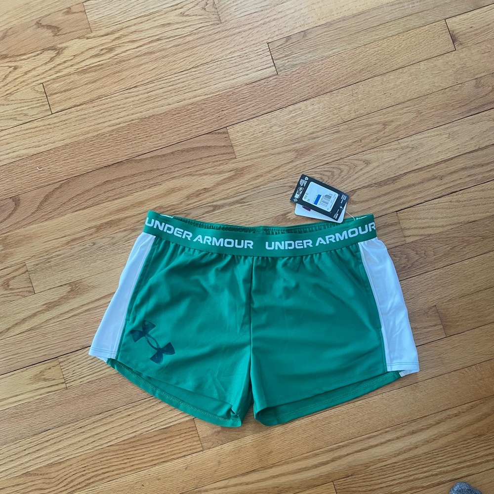 Under Armour Girls Green Athletic Shorts with White Panels